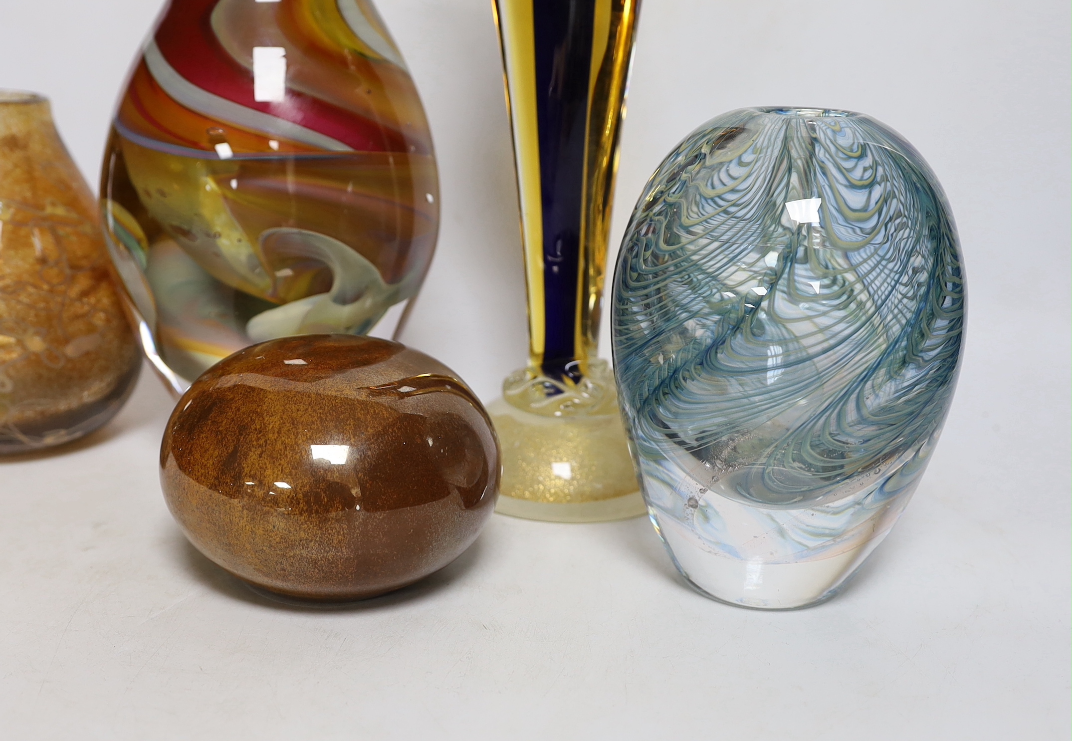 Five studio glass vases/sculptures, including a Murano figure of Madonna, tallest 34cm